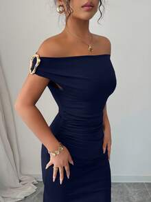 Rafferiza Elegant Ruched Off Shoulder Metallic Accent Fitted Party Dress For Women - Navy Blue - View 3