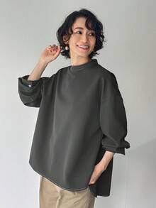 FRIFUL Blusa de cuello alto de manga larga con hombros caídos, casual y versátil, con costuras de contraste y botones de contraste en la espalda, para uso casual en el trabajo - Gris Oscuro - Ver 2
