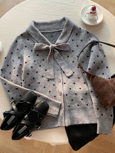 Comfortcana 女士时尚蝴蝶结 V 领波点针织开衫，秋冬休闲百搭毛衣外套