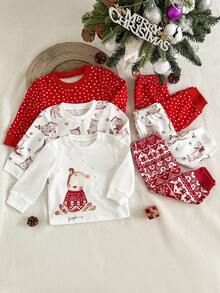SHEIN 6pcs Baby Girls Cute Bear Print Long Sleeve Sweatshirt And Pants Set, Autumn/Winter - Multicolor - View 1