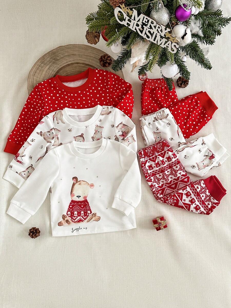 SHEIN 6pcs Baby Girls Cute Bear Print Long Sleeve Sweatshirt And Pants Set, Autumn/Winter - Multicolor - View 1