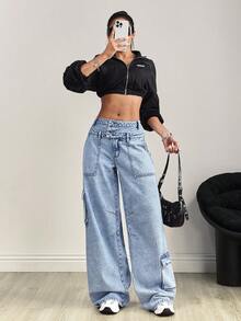 SHEIN Tall Women's Casual Versatile Patchwork Double Waistband Cargo Jeans