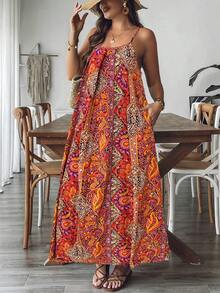 SHEIN VCAY Váy không tay thường ngày cỡ lớn dành cho nữ có túi, họa tiết Paisley - Đỏ - Xem 5