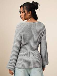 SHEIN VCAY Áo len chui đầu tay dài màu trơn rộng rãi cỡ lớn, dáng rộng, thắt eo thời trang thu đông cho nữ - Xám - Xem 4