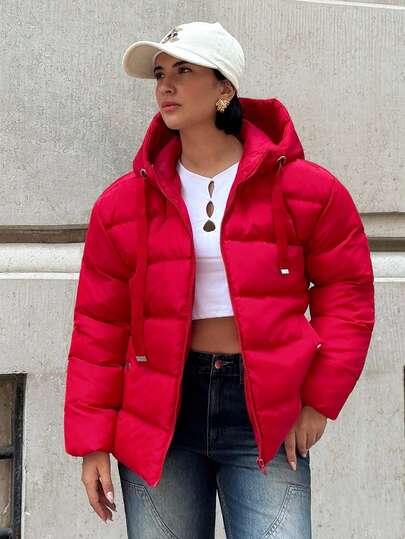 EURMUSE Women's Solid Color Zip-Up Drawstring Hooded Padded Coat, Warm For Autumn/Winter