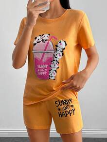 EURMUSE Bộ đồ ngủ cotton họa tiết hoạt hình và khẩu hiệu - Màu Cam san hô - Xem 4