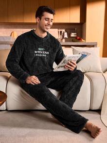 Provexi Provexi Plus Size Men Coral Thermal Crew Neck Long Sleeve Pajama Set, Thickened & Thermal Lined, Autumn/Winter - Black - View 1