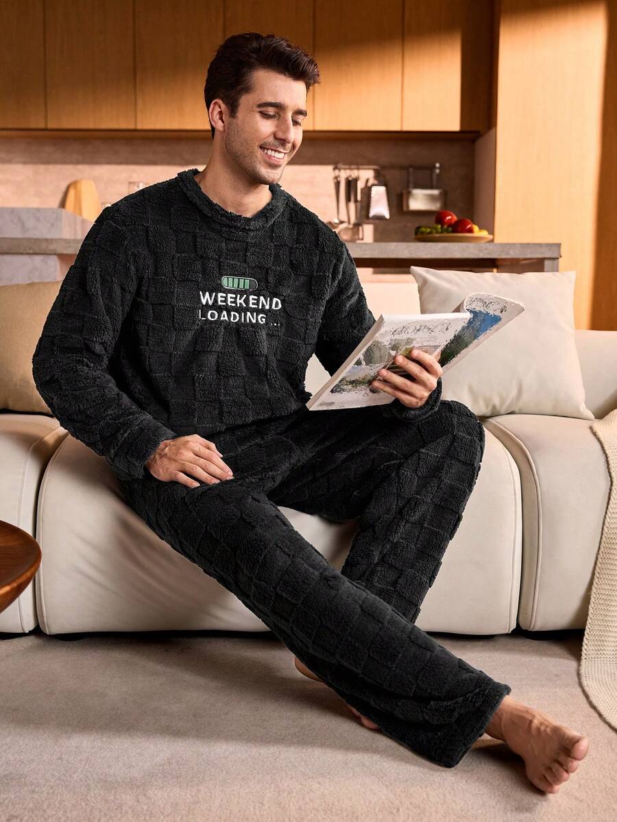 Provexi Provexi Plus Size Men Coral Thermal Crew Neck Long Sleeve Pajama Set, Thickened & Thermal Lined, Autumn/Winter - Black - View 1