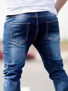 Manfinity Homme 男士修身保暖牛仔裤，毛边牛仔裤，纯深蓝色修身长款破洞工装牛仔裤，送给丈夫、男友的礼物，适合外出、休闲、通勤、上班、街头穿着，秋冬季