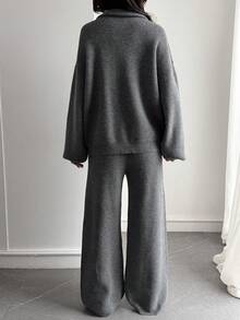 Livesso 女士宽松商务休闲针织毛衣和直筒裤两件套，秋冬 - 灰色 - 查看 2
