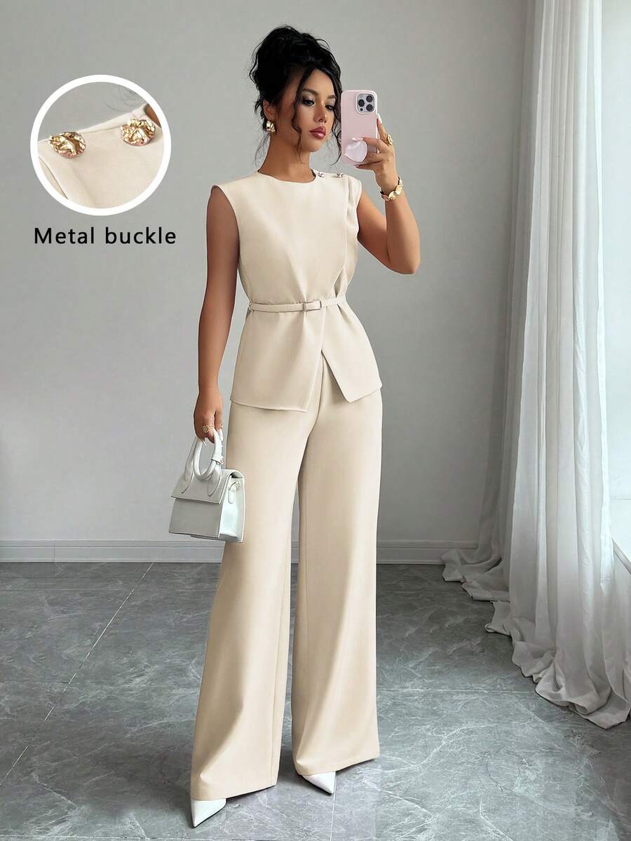 Elenzga 女士优雅办公室通勤休闲下午茶派对装,领腰金属扣可调节肩部金属扣装饰不对称下摆分层衬衫搭配宽松阔腿裤,2 件套 - 杏色 - 查看 1