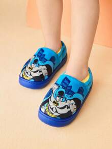 BATMAN X SHEIN Cute Cartoon Blue Boys Children's Non-Slip Indoor Slippers Toddlers & Kids Soft Plush Warm Winter House Shoes, Lightweight And Durable EVA Sole,Home Bedroom Air-Conditioned Room Spring, Autumn And Winter