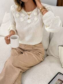 Serisse 女式纯色贴花圆领休闲百搭长袖毛衣 - 杏色 - 查看 5