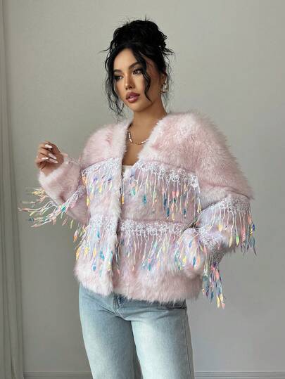 Rafferiza 时尚V领短款人造毛皮夹克，粉色，优雅设计，适合秋冬女士