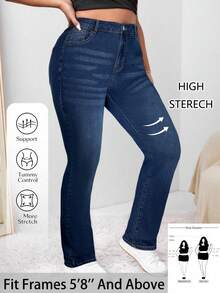 SHEIN Tall CURVE 大码女式休闲基本款黑色弹力牛仔裤 - 深色水洗藍 - 查看 1