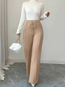 Selianne 女式高腰抽绳宽松奢华仿羊毛针织阔腿裤 - 卡其色 - 查看 1