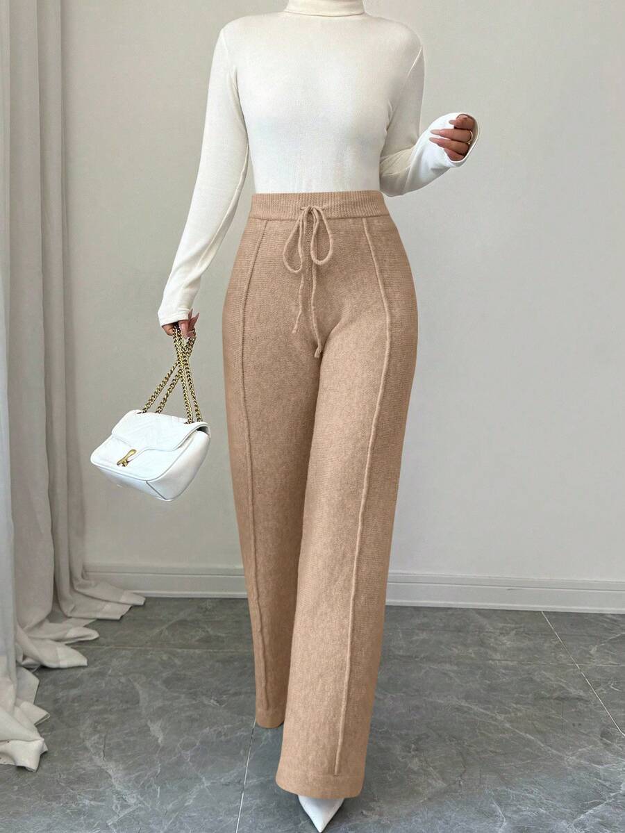 Selianne 女式高腰抽绳宽松奢华仿羊毛针织阔腿裤 - 卡其色 - 查看 1