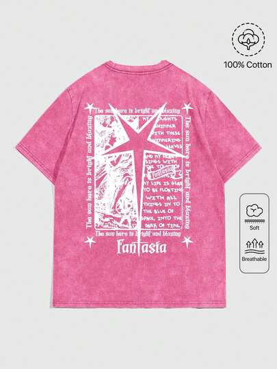 Street Life Camiseta casual de manga corta con cuello redondo y estampado de lema y pentagrama para hombres