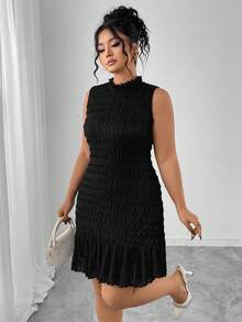 Elenzga Plus Size Textured Jacquard Fabric Solid Color Ruffle Hem Sleeveless Dress, Ribbed Knit Bodycon Skirt, Fashionable Versatile For Dates And Parties - Black - View 5