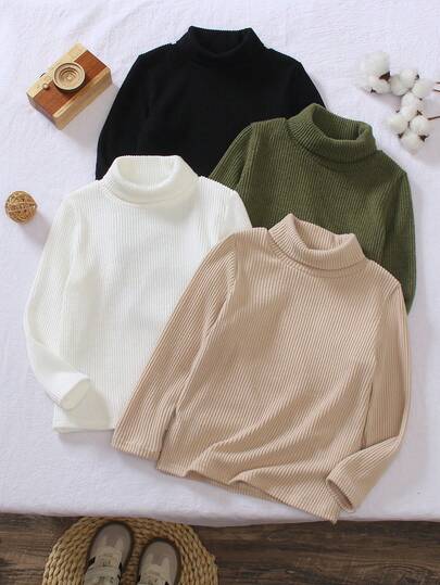 Genkimix Kids 4 件套幼儿男童高领长袖 T 恤，黑色、橄榄绿、米色和纯白色条纹针织面料，柔软舒适，适合日常穿着、户外散步或亲子活动，也适合春秋季单穿或冬季内搭