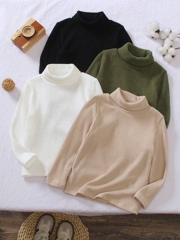 Genkimix Kids 4pcs Toddler Boys' Turtleneck Long Sleeve T-Shirts, Black, Olive Green, Beige And Pure White Striped Knit Fabric, Soft And Comfortable, Suitable For Daily Wear, Outdoor Walks Or Parent-Child Activities, Also Suitable For Spring/Autumn As A Single Layer Or Winter As An Underlayer