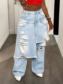 Slaydiva Quần jean denim 2 trong 1 dáng rộng, viền bất đối xứng, size lớn cho nữ - Rửa nhẹ - Xem 4