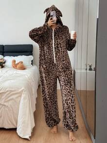 Dream Adore Plus Size Cozy Hooded Leopard Print Jumpsuit Fluffy Pajamas With Ear Decoration,Thick Brown Autumn Night Wear Cute Lounge Set For Women - Multicolor - View 3