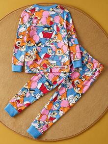 TOM & JERRY X SHEIN 2pcs Young Boy Cute Cartoon Pattern Crew Neck Long Sleeve Top And Pants Knit Casual High Stretch Snug Fit Pajama Set - Multicolor - View 2