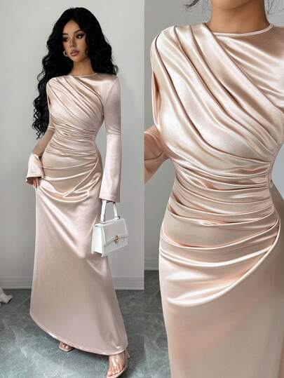 Rafferiza 优雅修身连衣裙，正面褶皱设计，缎面针织喇叭袖，浅粉色，适合派对或日常穿着，秋冬季