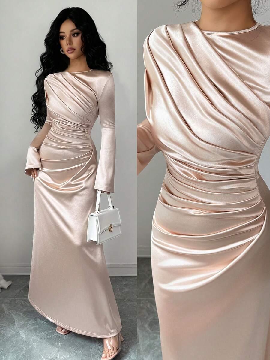Rafferiza 优雅修身连衣裙，正面褶皱设计，缎面针织喇叭袖，浅粉色，适合派对或日常穿着，秋冬季 - 淺粉色 - 查看 1