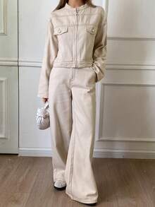 DAZY 女式休闲仿口袋夹克和阔腿牛仔裤套装，秋季 - 米色 - 查看 6