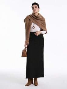 SHEIN Stylify Bộ váy len dệt kim dáng rộng cao cấp, thanh lịch, màu trơn mới dành cho nữ, mùa thu/đông - màu đen - Xem 2