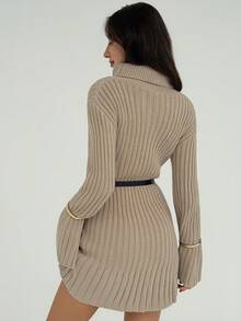 Aloruh Vestido Curto Tricotado Minimalista e Elegante com Gola Alta, Manga Longa, Recortes e Costelas para Mulheres, Outono/Inverno - Damasco - Visão 9