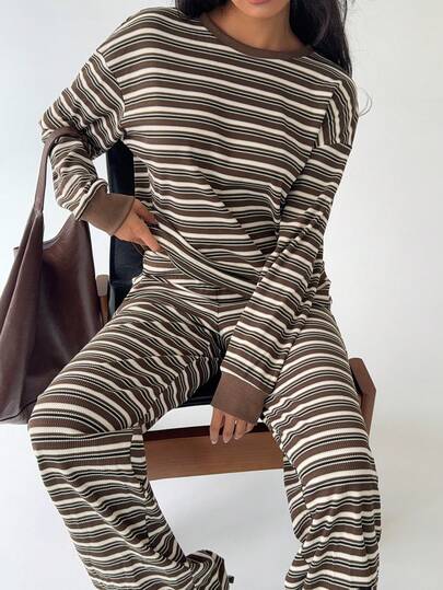 Aloruh Women's Winter Comfortable Pajama Set, Plush Retro Striped Crew Neck Top And Trousers, Two-Piece Fluffy Knit Pajama Set, Green Set, Suitable For Christmas Family Party Outfits, New Year's Party Family Outfits.Brown Clothing Set.