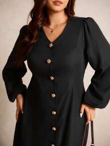 Elaquor Robe élégante à manches lanternes et boutons devant pour femmes grandes tailles - Noir - Voir 6