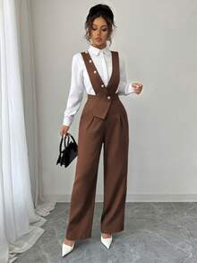 Elenzga Women's New Casual Wide Leg Jumpsuit, Black - Brown - View 3