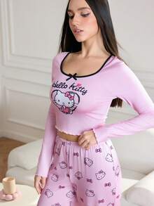 HELLO KITTY AND FRIENDS | SHEIN Women Fall & Winter Clothes Cat Print Long Sleeve Top & Pants Pajama Set Sleep Wear Women 2 Pieces Set Pj Sets For Women Long Sleeve Women Pajamas Set Women Pj Sets Cotton - Pink - View 5