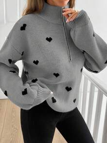 SHEIN Tall Tall Women Heart Pattern Zipper Detail Autumn Winter Casual Sweater - Grey - View 3