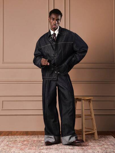  SUMWON Relaxed Fit Raw Denim Jeans With Front Pleats And Cuffed Hem For Vintage Casual Style Plain