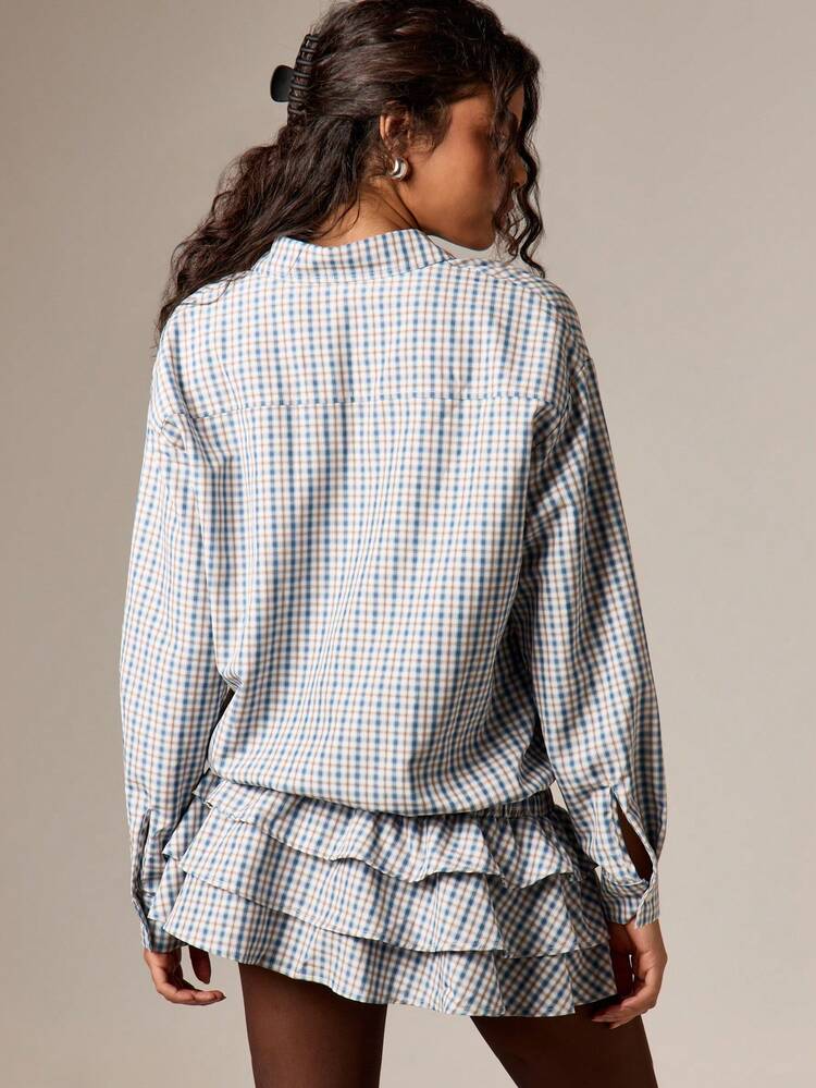 AiiRZ Button Down Checked Mini Dress With Ruffle Hem Long Sleeve Collared Shirt Dress Fall Casual