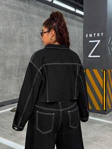 SHEIN Unity Plus Size Fashionable Short Drop Shoulder Long Sleeve Versatile Denim Jacket - Black - View 2