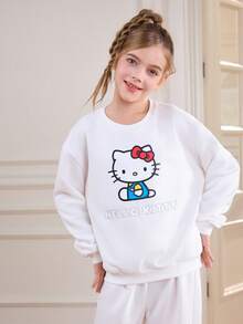 HELLO KITTY AND FRIENDS | SHEIN Tween Girl Cute Cartoon Cat Print Crew Neck Sweatshirt And Pants Set, Autumn - White - View 5