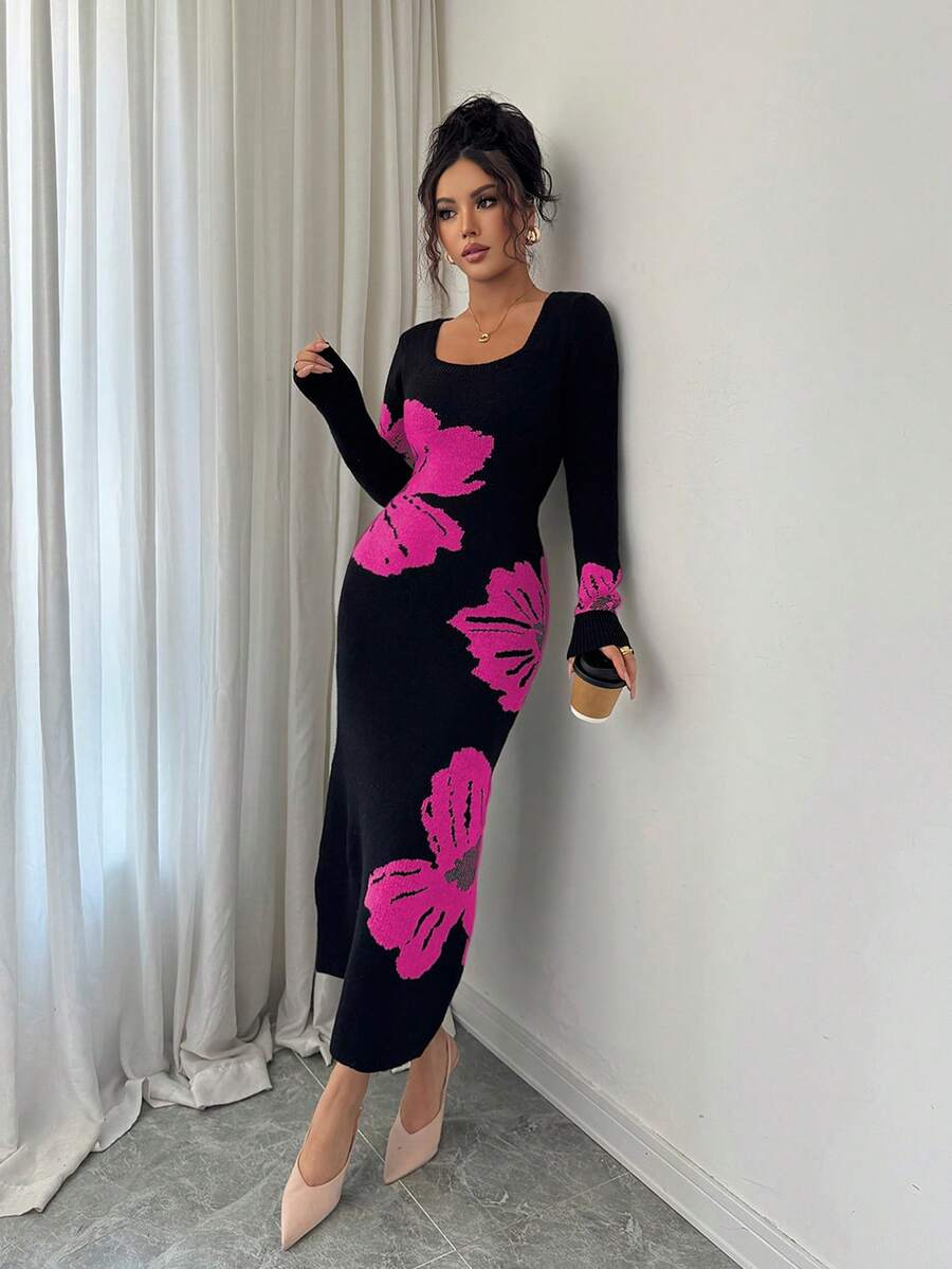 Elenzga Gaun Sweater Bodycon Rajut Jacquard Leher Persegi - Hot Pink - View 1