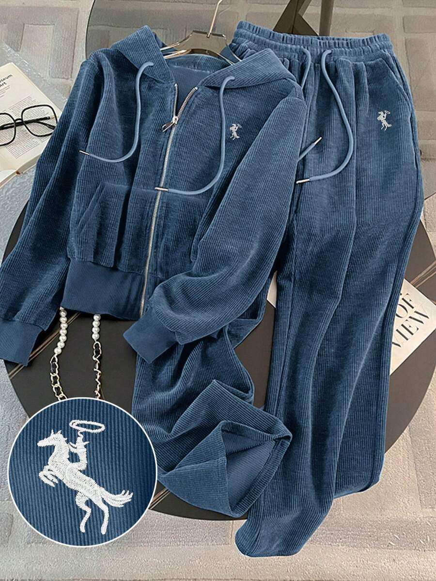 Resyla 2pcs Embroidered Commuter Style Hooded Zip-Up Sweatshirt Set, Gift For Friends - Dusty Blue - View 1