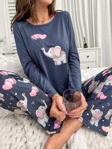 Elephant & Heart Print Tee & Pants PJ Set / Pajama Set, Fall Winter Clothes - Blue - View 4