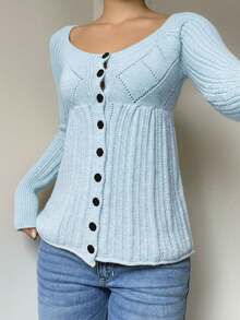 SHEIN EZwear Women's Regular Solid Color Round Neck Front Button Long Sleeve Cardigan In Fall/Winter - Baby Blue - View 5