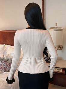 DAZY Women's Elegant Contrast Color Pocket Frill Trim Cardigan, Autumn - Beige - View 2