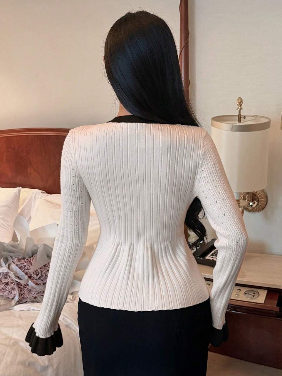 Women's Elegant Contrast Color Pocket Frill Trim Cardigan, Autumn Long Sleeve Tops