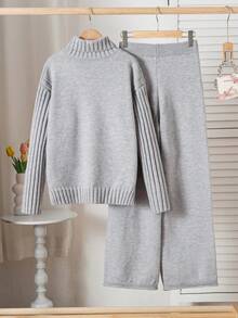 SHEIN Teen Girl Solid Color High Neck Drop Shoulder Long Sleeve Sweater And Wide Leg Pants Casual Suit,Blue,Autumn,Graduation,Back-To-School Knit Two Piece - Grey - View 2