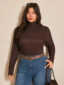 Elaquor Plus Size Solid Color Turtleneck Fitted Elegant Long Sleeve T-Shirt Brown - Coffee Brown - View 5